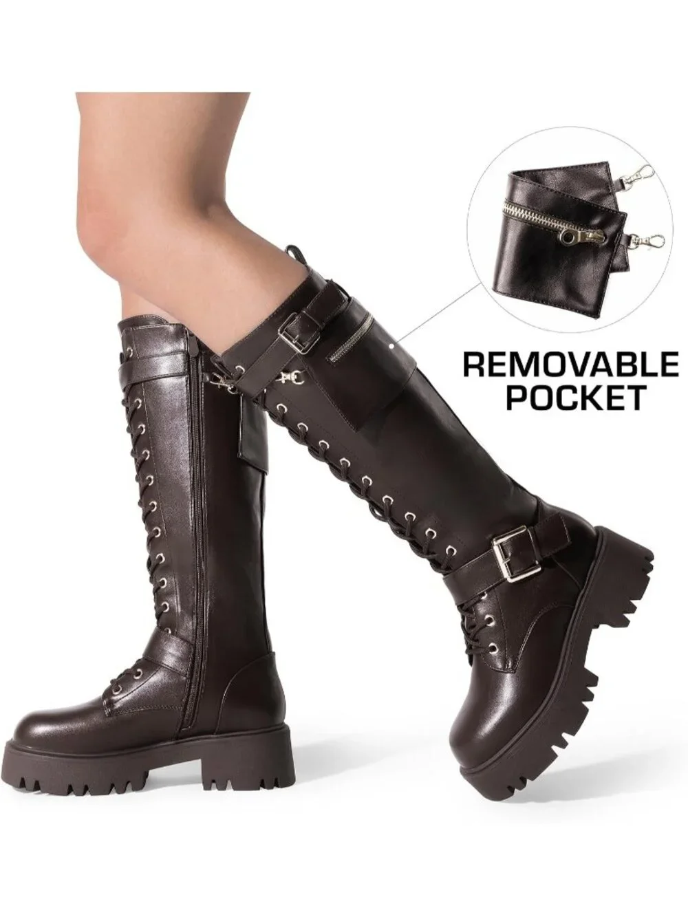 Dream Pairs Women's Brown Round Toe Lace Up Inside Zipper Knee High Combat Boots